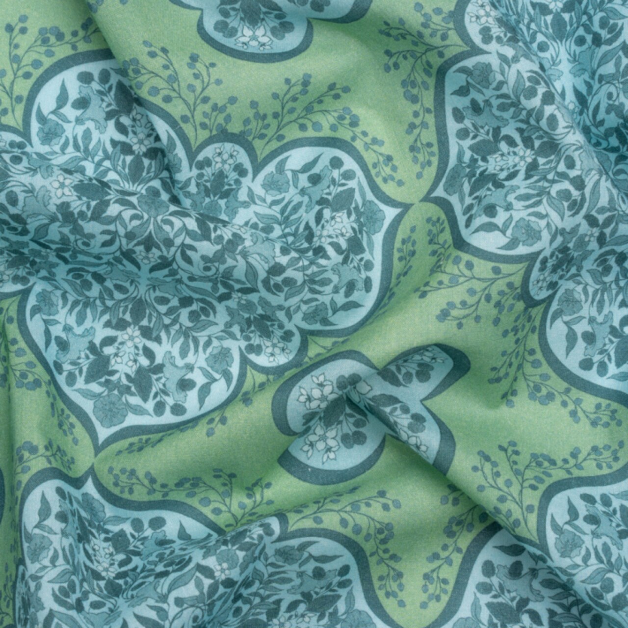 1 Yard Cotton Voile Green and Blue Floral Tiles Rosalind and Celia Print